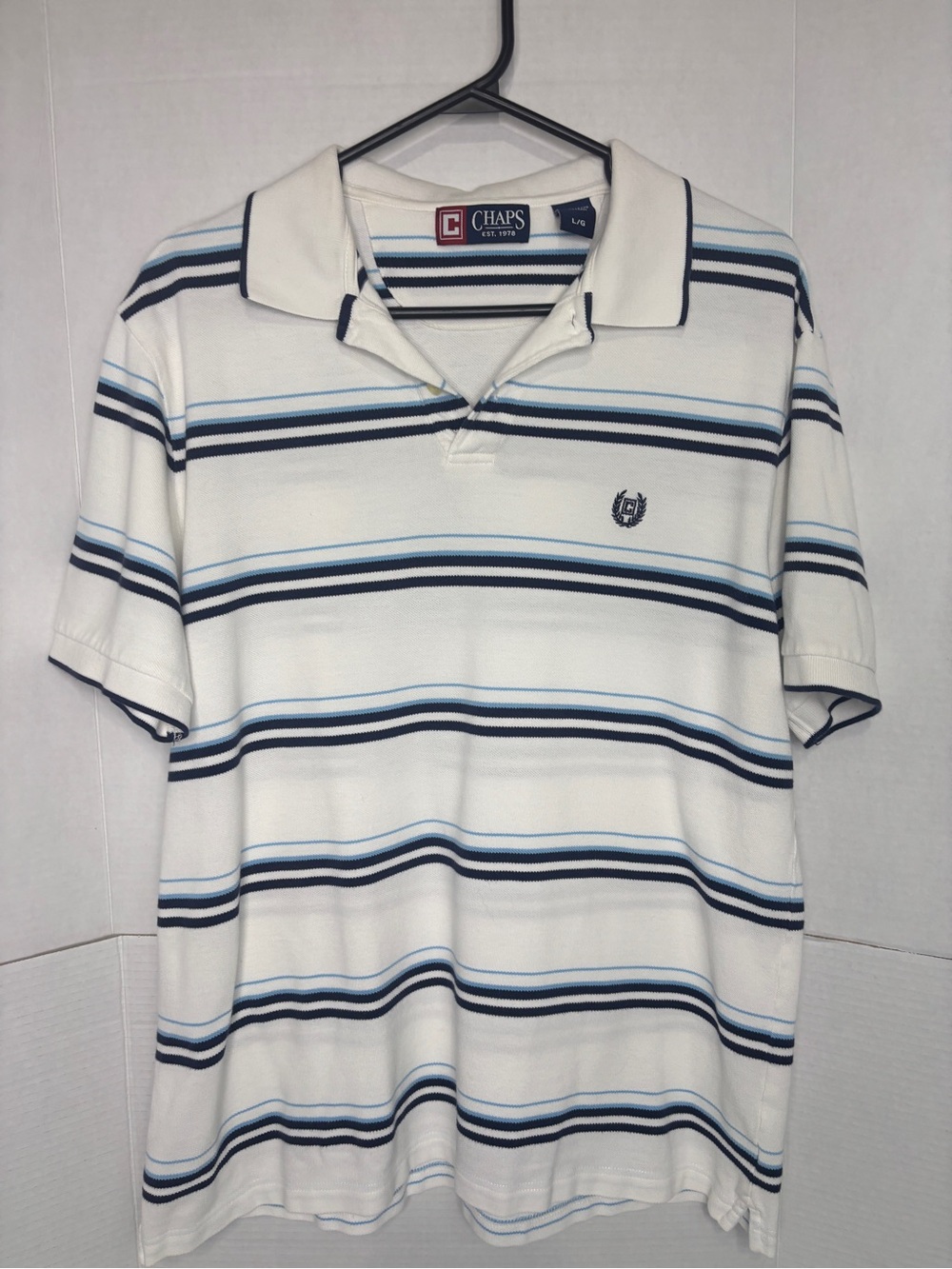 Chaps Men's LG White Polo Blue Stripes Preppy Golf Shirt Cotton Casual Top